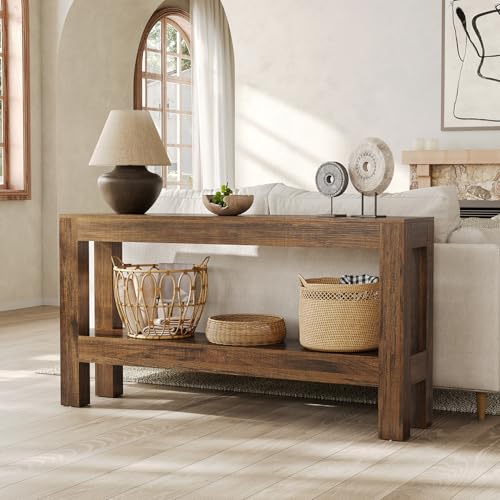 63" Narrow Console Table with 2-Tier Shelves, Farmhouse Wooden Entryway Table for Sofa, Hallway, or Living Room