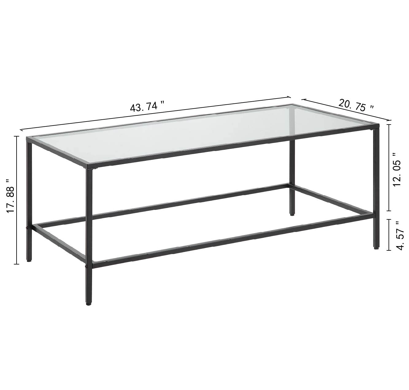 Black Coffee Table with Tempered Glass, Wide Rectangle Minimalist Center Table for Living Room, Office, Outdoor