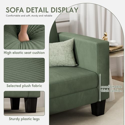 70" Green L-Shaped Convertible Sectional Sofa with Corduroy Fabric & Mobile Footrest for Living Room, Office, Apartment