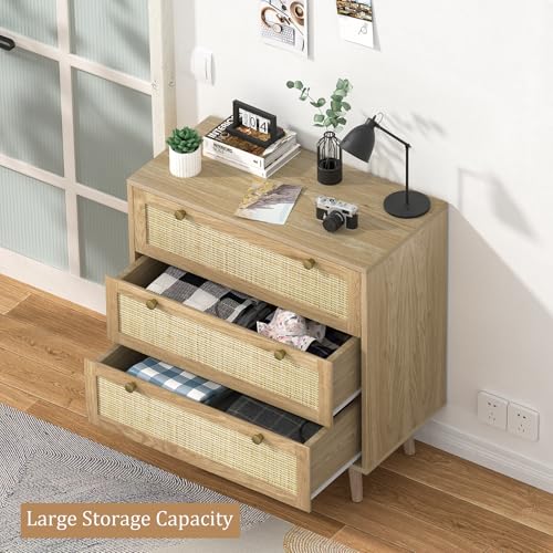 Modern Rattan 3-Drawer Dresser, Rustic Oak Wood Chest with Spacious Storage for Bedroom, Hallway, H0027