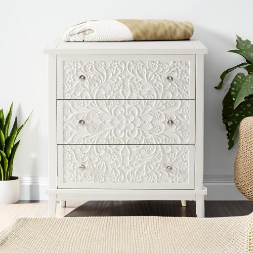Fully-Assembled 3-Drawer White-Washed Dresser with Flower Motif, Rustic French Country Accent Chest for Bedroom, Hallway