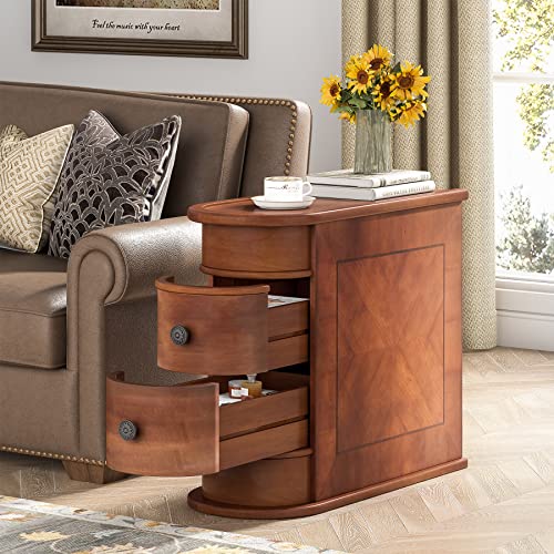 Vintage Wood End Table with 2 Drawers, No Assembly Slim Nightstand for Bedroom or Sofa Side Table