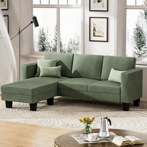70" Green L-Shaped Convertible Sectional Sofa with Corduroy Fabric & Mobile Footrest for Living Room, Office, Apartment