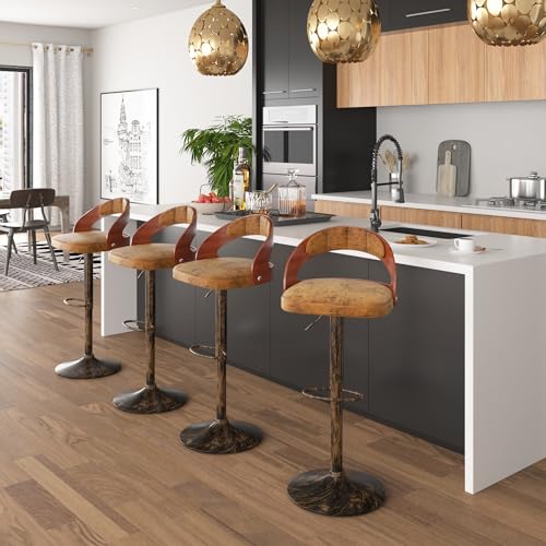 Bar Stool Set of 4, 360° Swivel PU Leather Counter Stools with Bentwood Back, Arm & Footrest, Adjustable Height, Rustic Brown