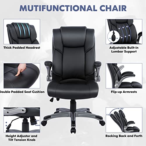 High Back Executive Office Chair, Ergonomic Swivel Desk Chair with Flip-Up Arms & Tilt Lock, Black Leather