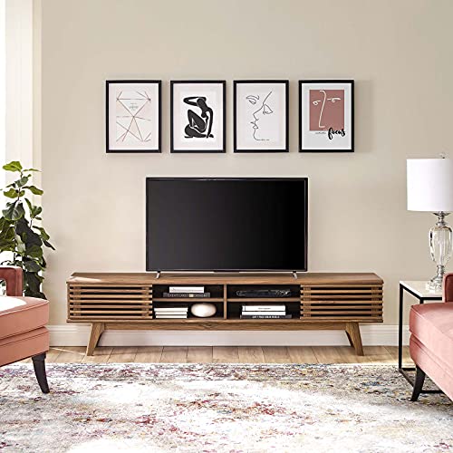 70" Render TV Stand – Walnut Finish Mid-Century Modern Low Profile Console for Living Room Media Setup