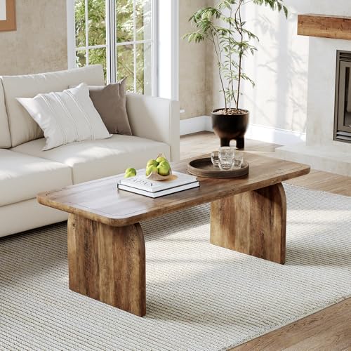 47" Farmhouse Coffee Table, Rustic Brown Wooden Center Table with Rounded Corners for Living Room or Tea Time