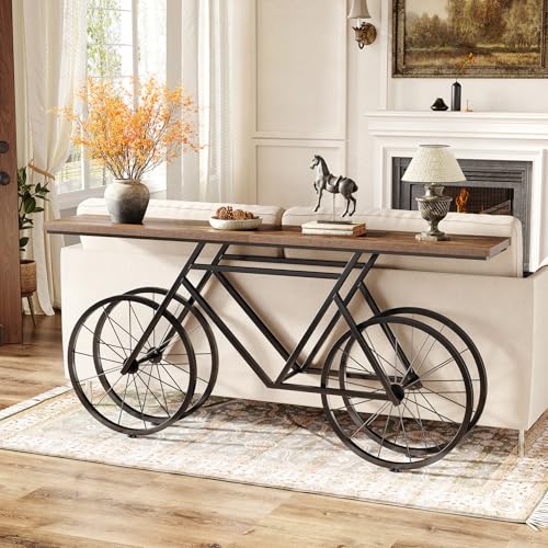 70.9" Extra Long Narrow Sofa Table, Farmhouse Console with Unique Bicycle Base for Living Room, Entryway, Rustic Brown