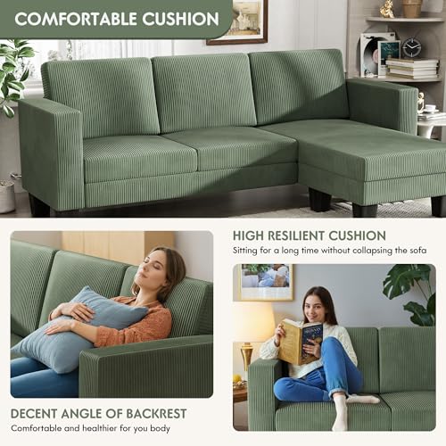 70" Green L-Shaped Convertible Sectional Sofa with Corduroy Fabric & Mobile Footrest for Living Room, Office, Apartment