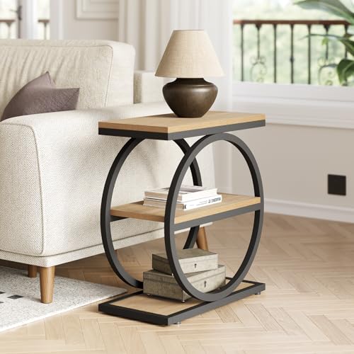 End Table Set of 2, Wooden Side Tables with 3-Tier Metal Shelf Storage for Living Room or Bedroom, Oak