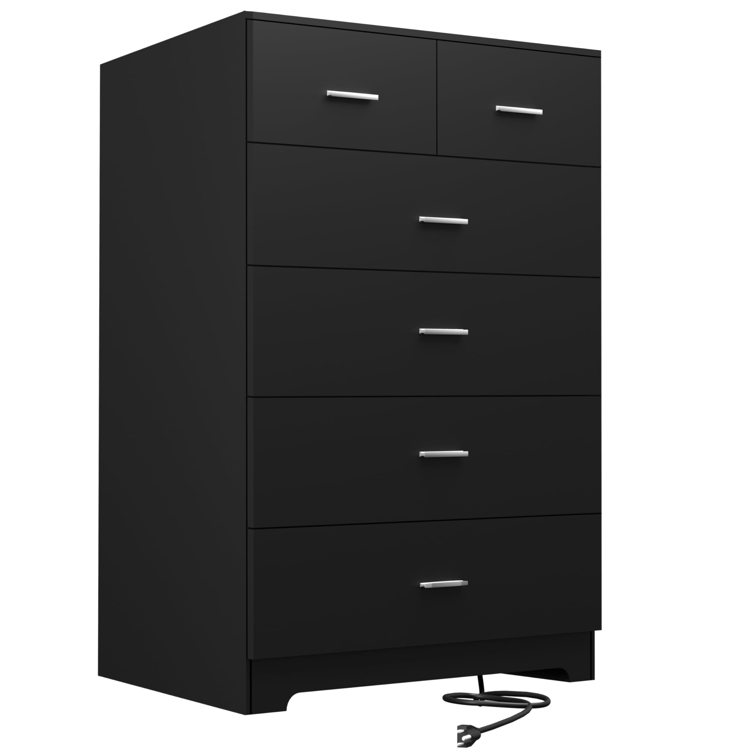 6-Drawer Black Dresser – Wooden Tall Chest with Power Outlets & Smooth Rails, Organizer for Bedroom or Hallway