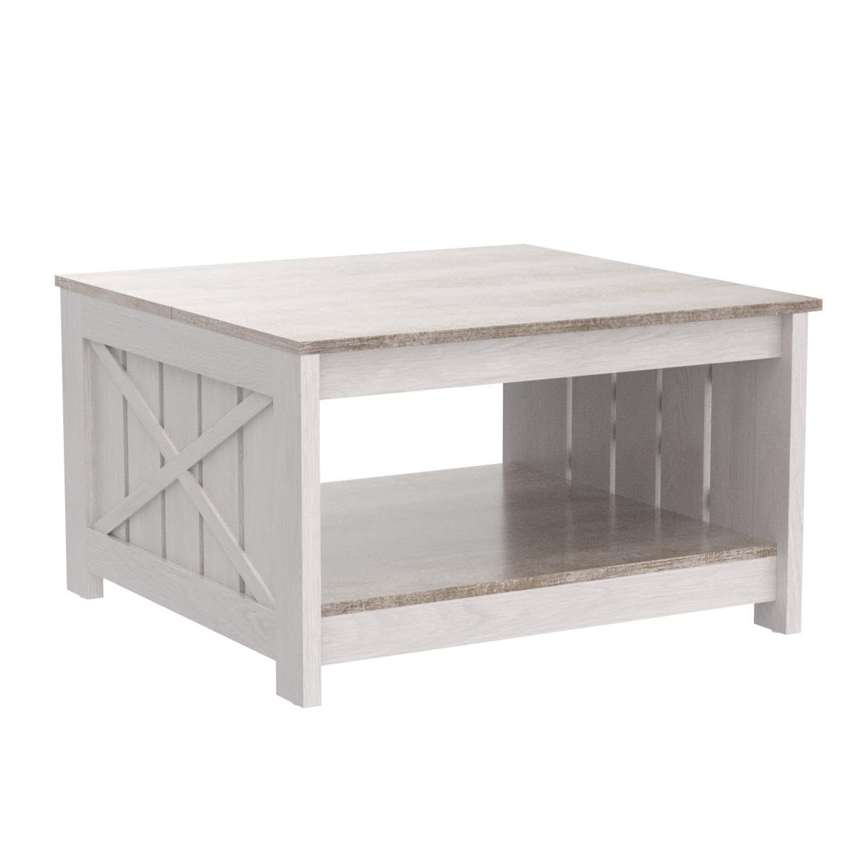 Farmhouse Square Coffee Table with Half Open Storage, Rustic Grey Wash Wood Living Room or Meeting Table