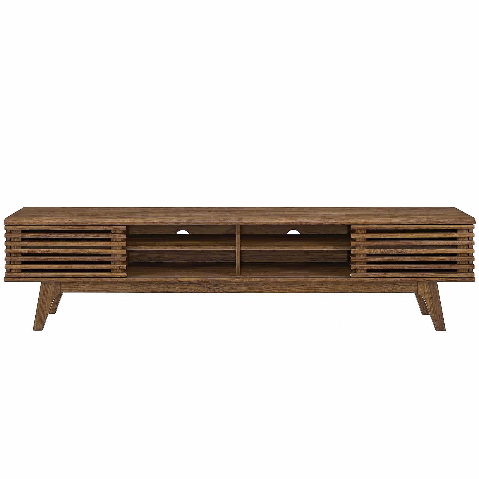 70" Render TV Stand – Walnut Finish Mid-Century Modern Low Profile Console for Living Room Media Setup