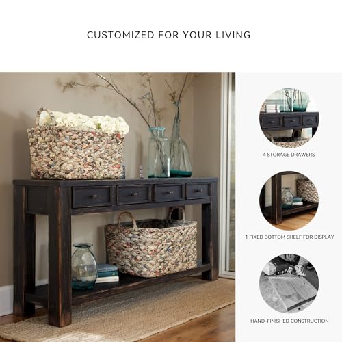 Gavelston Rustic Sofa Table with 4 Drawers & Shelf, Weathered Black Console Table for Living Room, Entryway, or Hallway