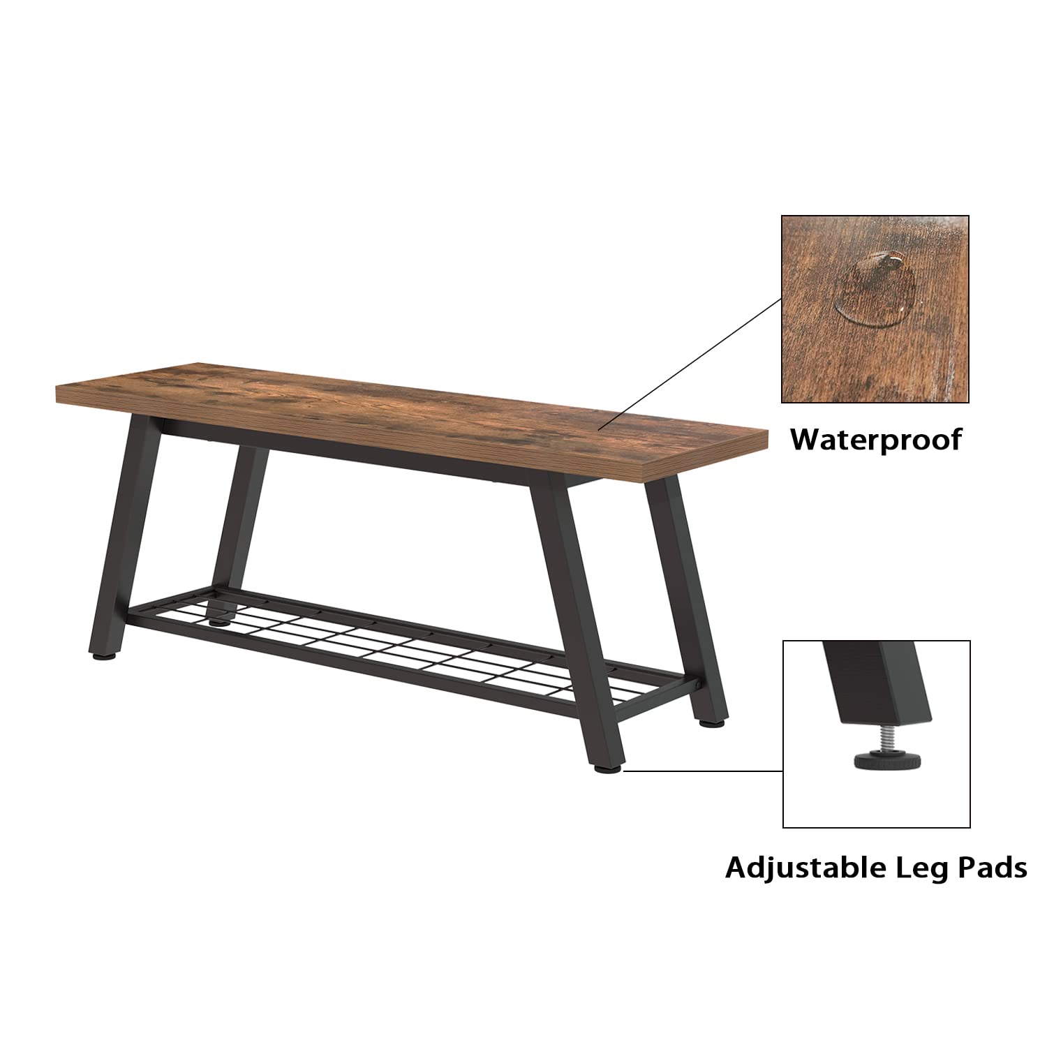 Industrial Rustic Storage Bench, Entryway Long Bench with Metal Frame and Shoe Rack, Retro Brown