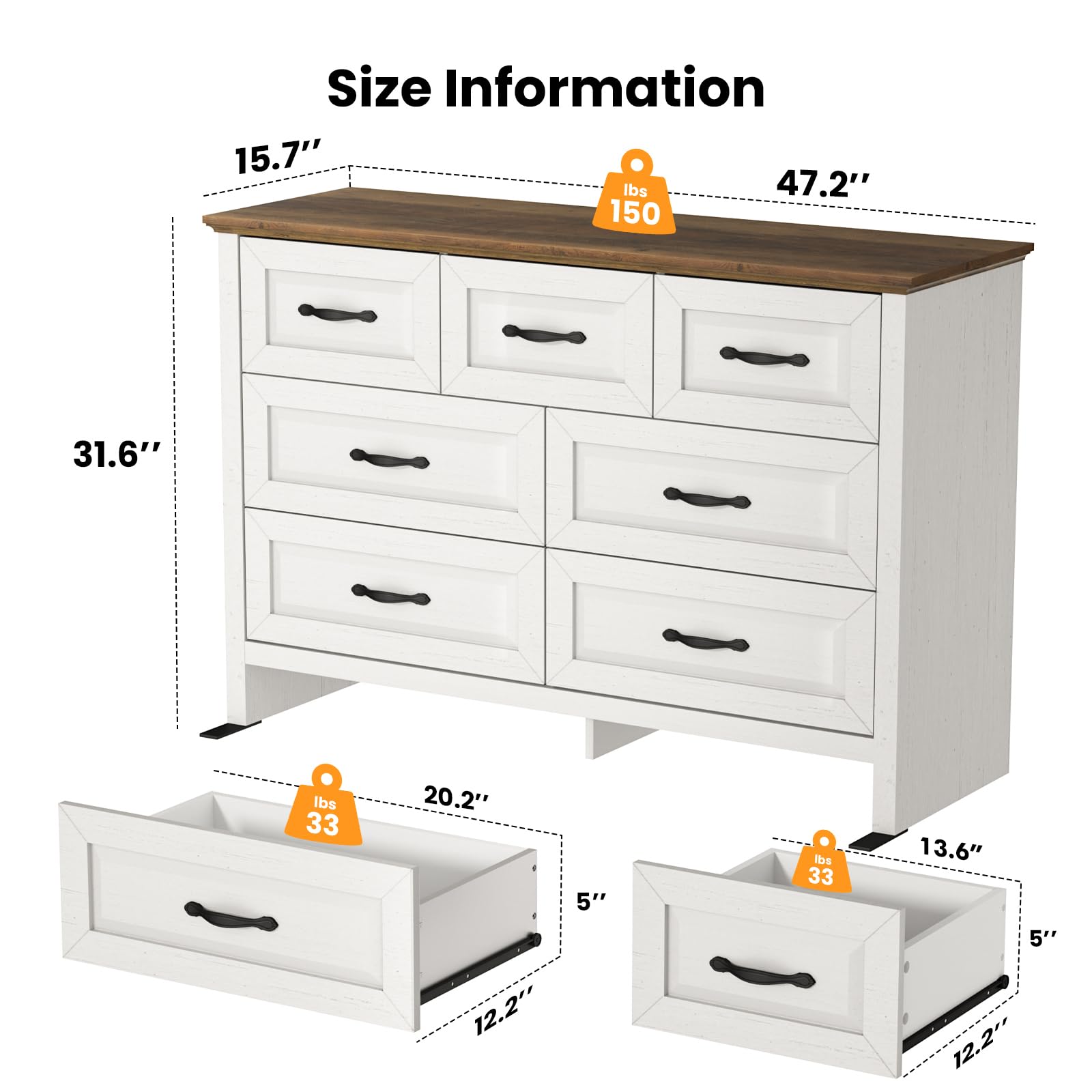 7-Drawer Farmhouse Dresser – Rustic Brown & White Chest with Large Storage Drawers for Bedroom or Hallway