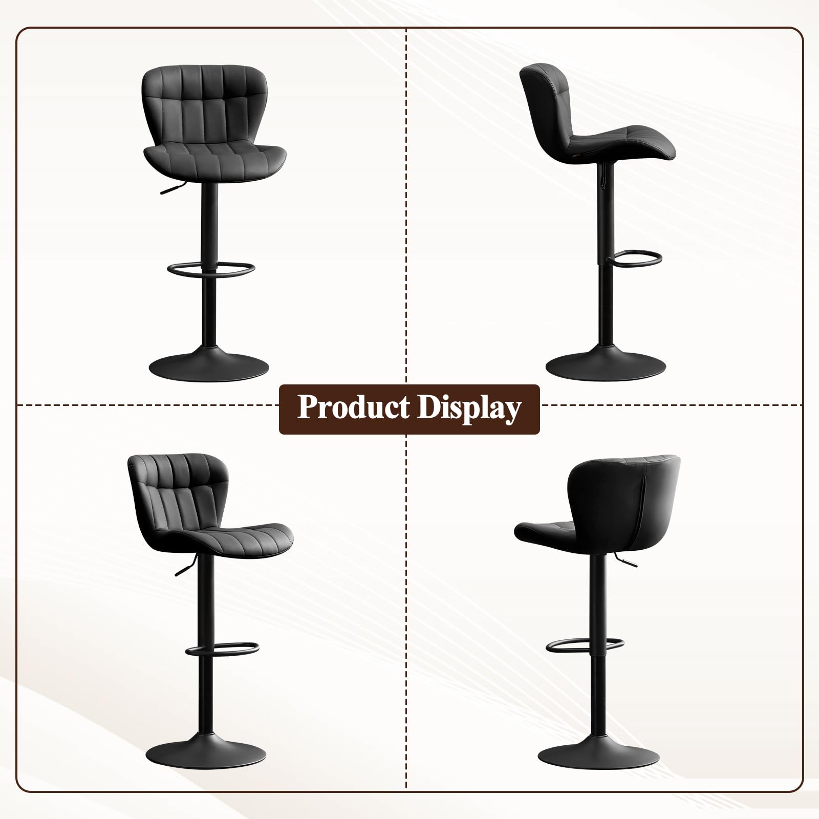 Modern Barstools Set of 2, Faux Leather Swivel Bar Stools with Backs for Kitchen Island, Upholstered Bar Height Chairs, Black