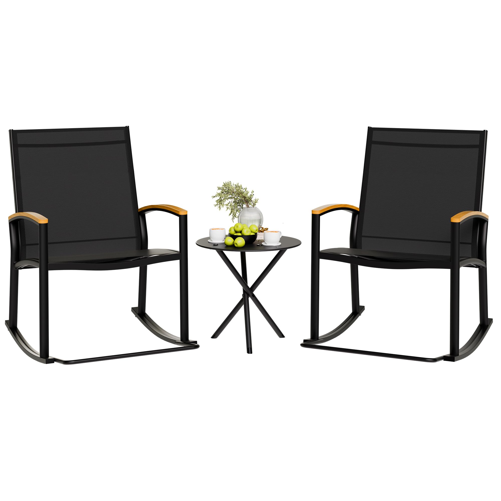 3-Piece Rocking Bistro Patio Set – Black Small Outdoor Table and Chairs Set for Porch, Balcony or Garden