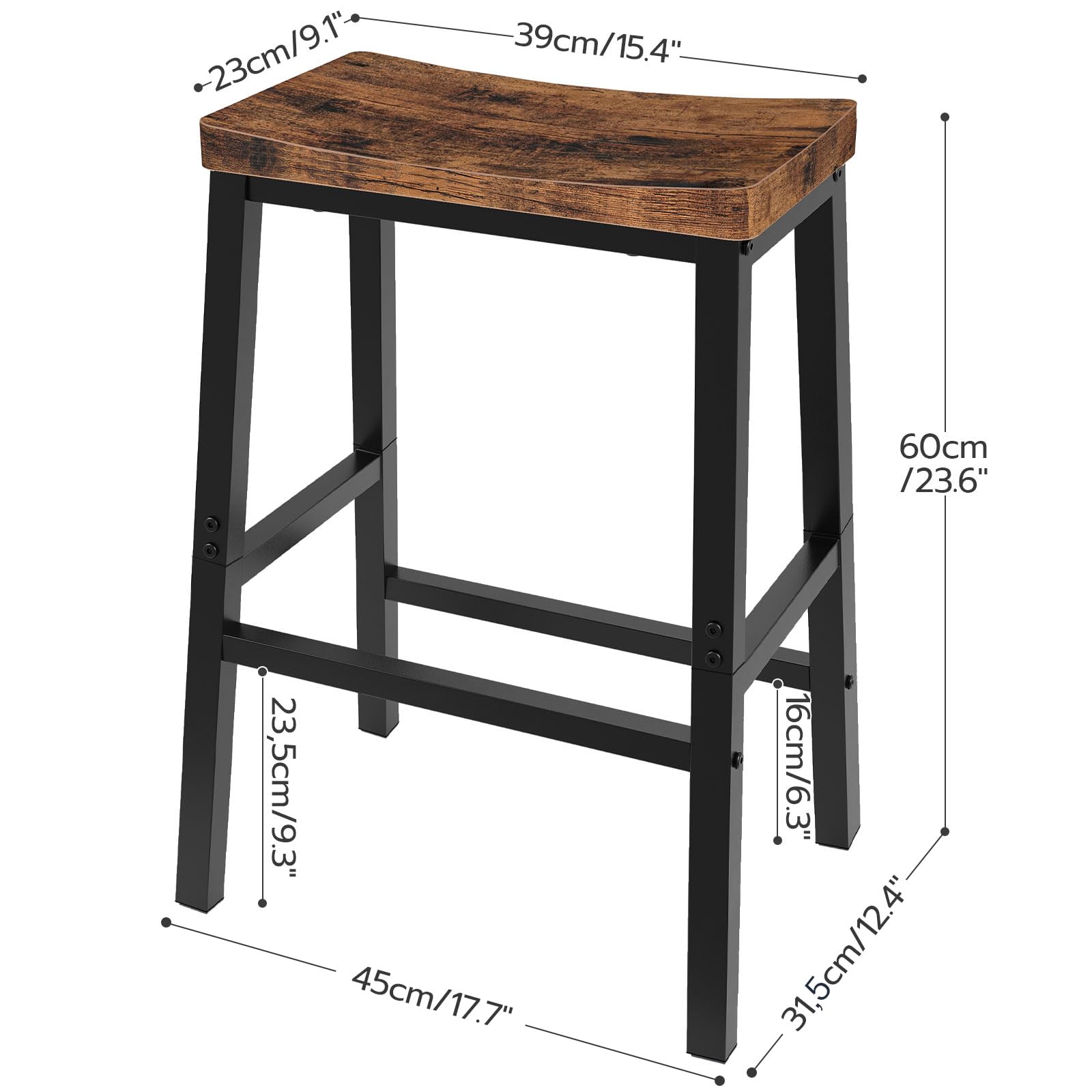 Bar Stools Set of 2, 23.6" Saddle Counter Chairs with Footrest, Rustic Industrial Barstools for Kitchen, Dining Room, Brown/Black