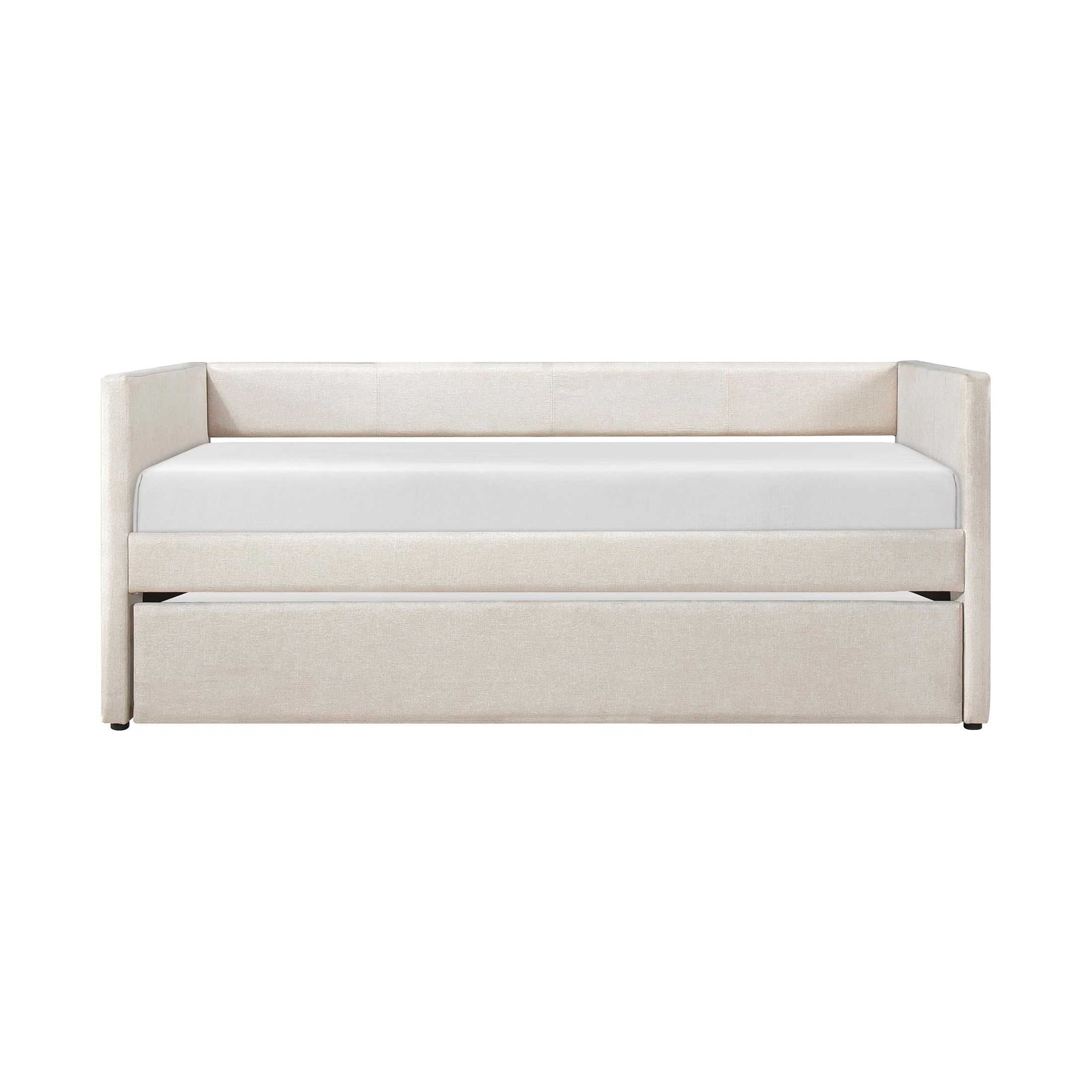 Upholstered Twin Daybed with Trundle – Beige Sofa Bed with Wood Slats for Bedroom, Guest Room, No Box Spring Needed