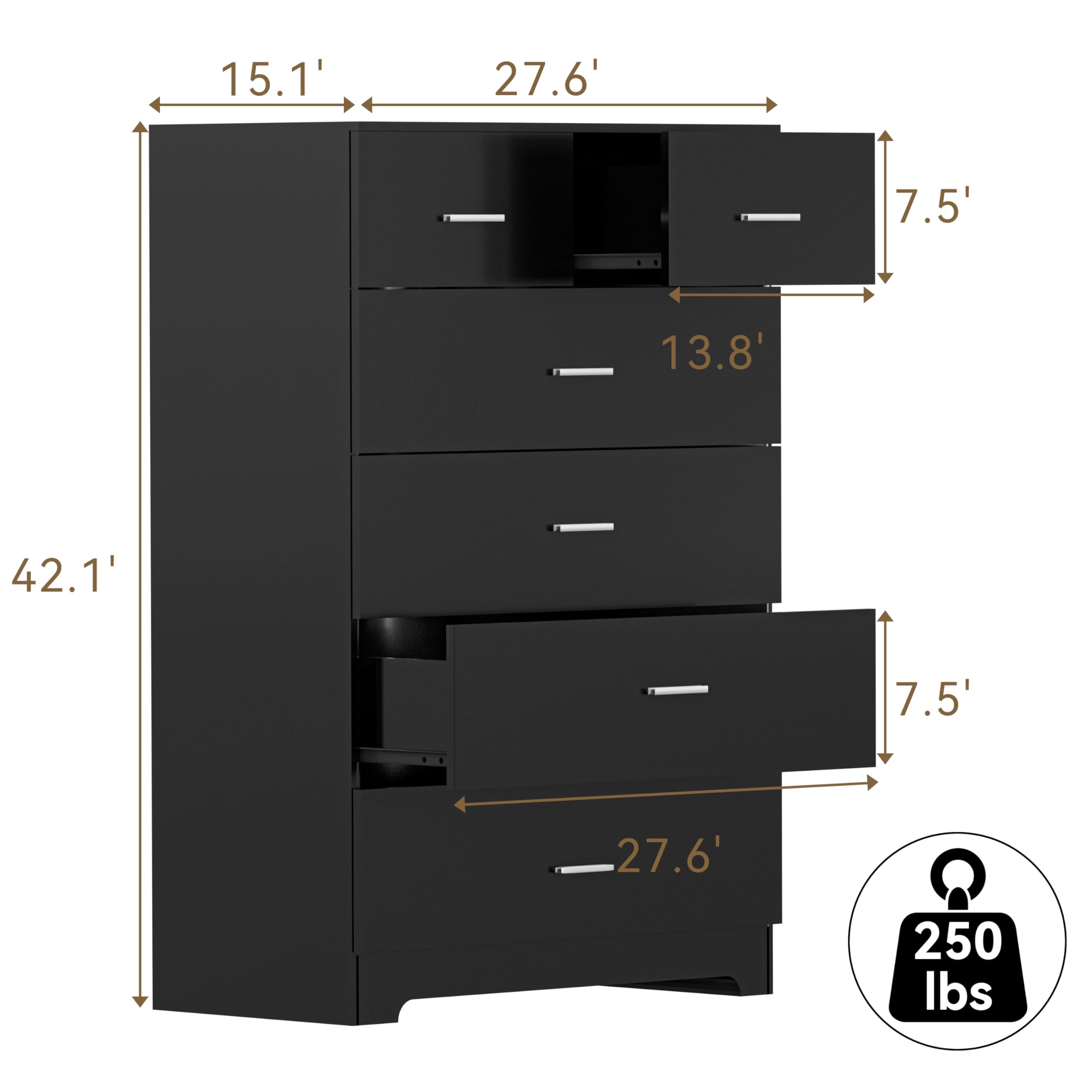 6-Drawer Black Dresser – Wooden Tall Chest with Power Outlets & Smooth Rails, Organizer for Bedroom or Hallway