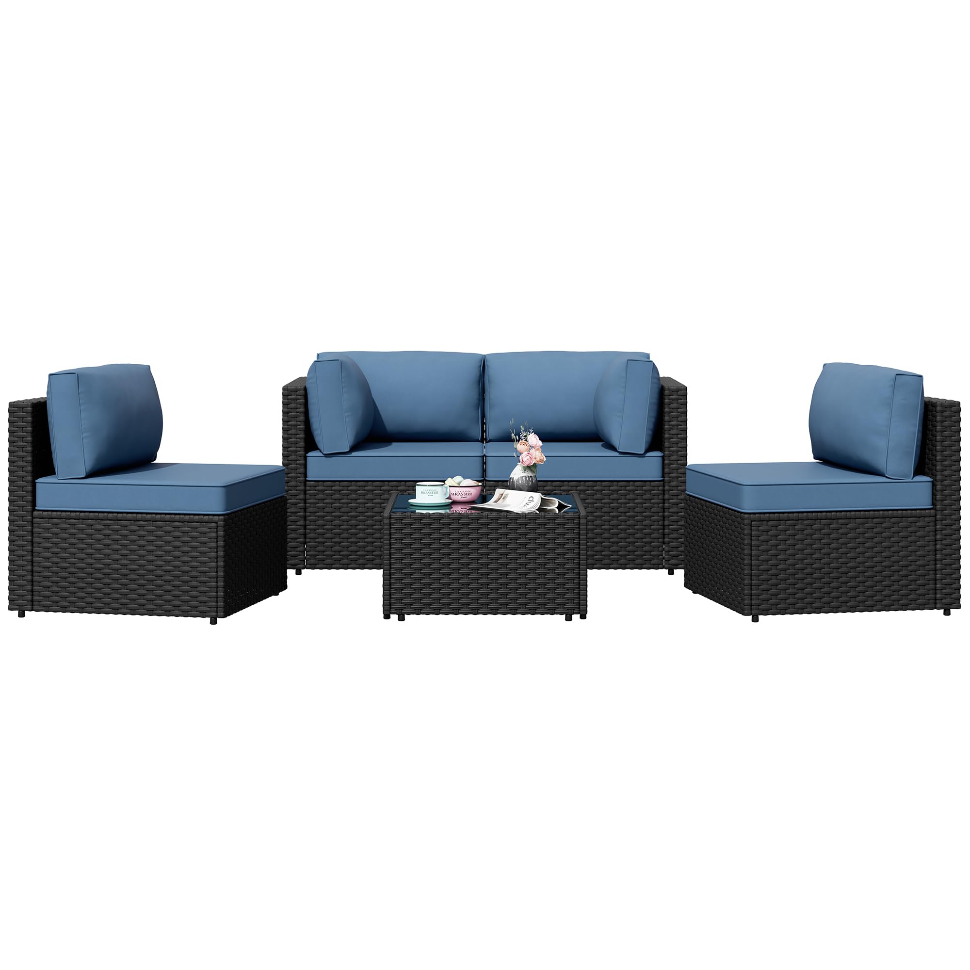 5-Piece Patio Sectional Sofa Set – Aegean Blue Wicker Furniture with Cushions & Glass Table for Backyard or Garden