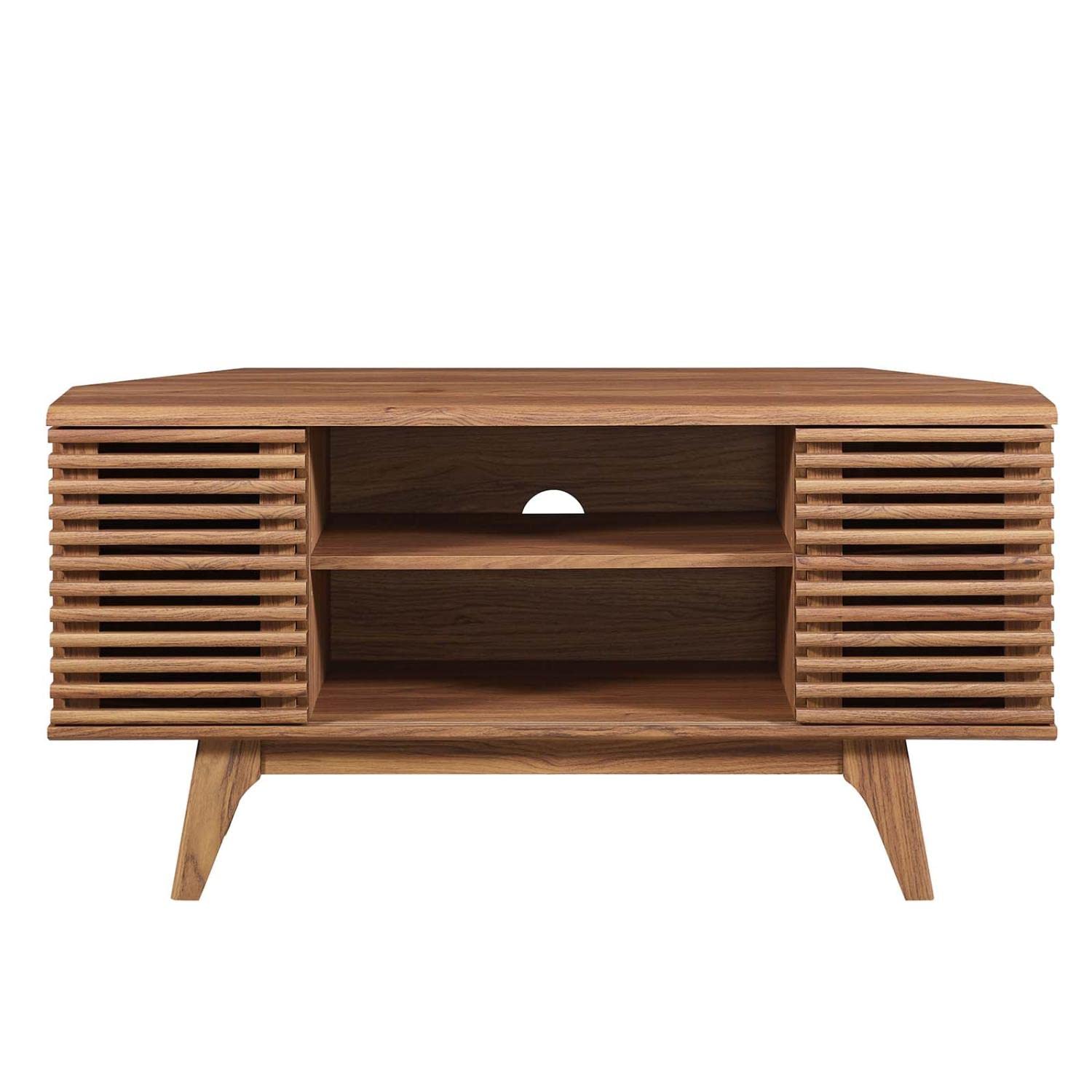 Mid-Century Low Profile TV Stand – 46" Wide Corner Entertainment Console in Walnut Finish for Small Spaces
