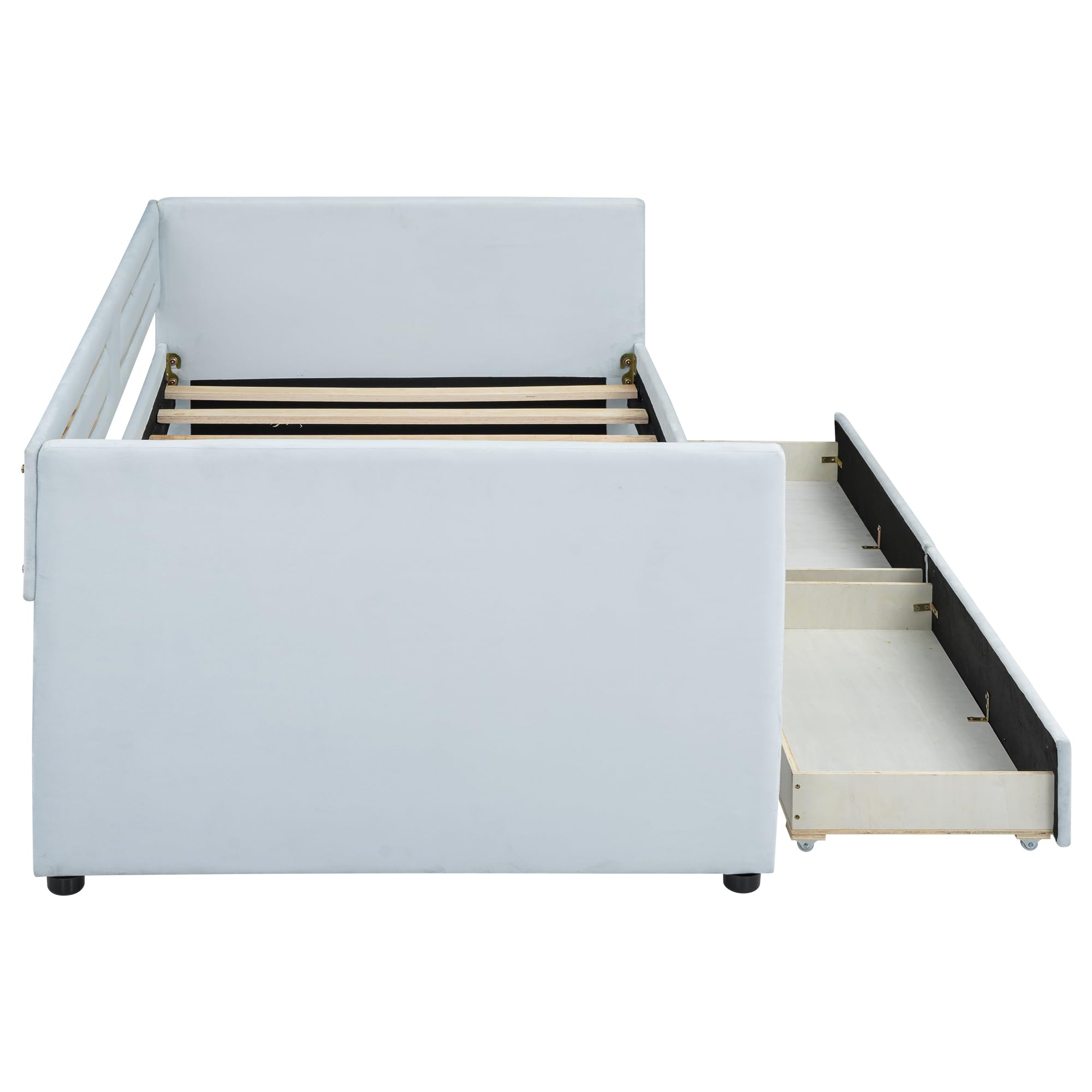 Upholstered Twin Daybed – Blue Trundle Bed with Metal Border, Storage Drawers, Wood Slats, No Box Spring Needed