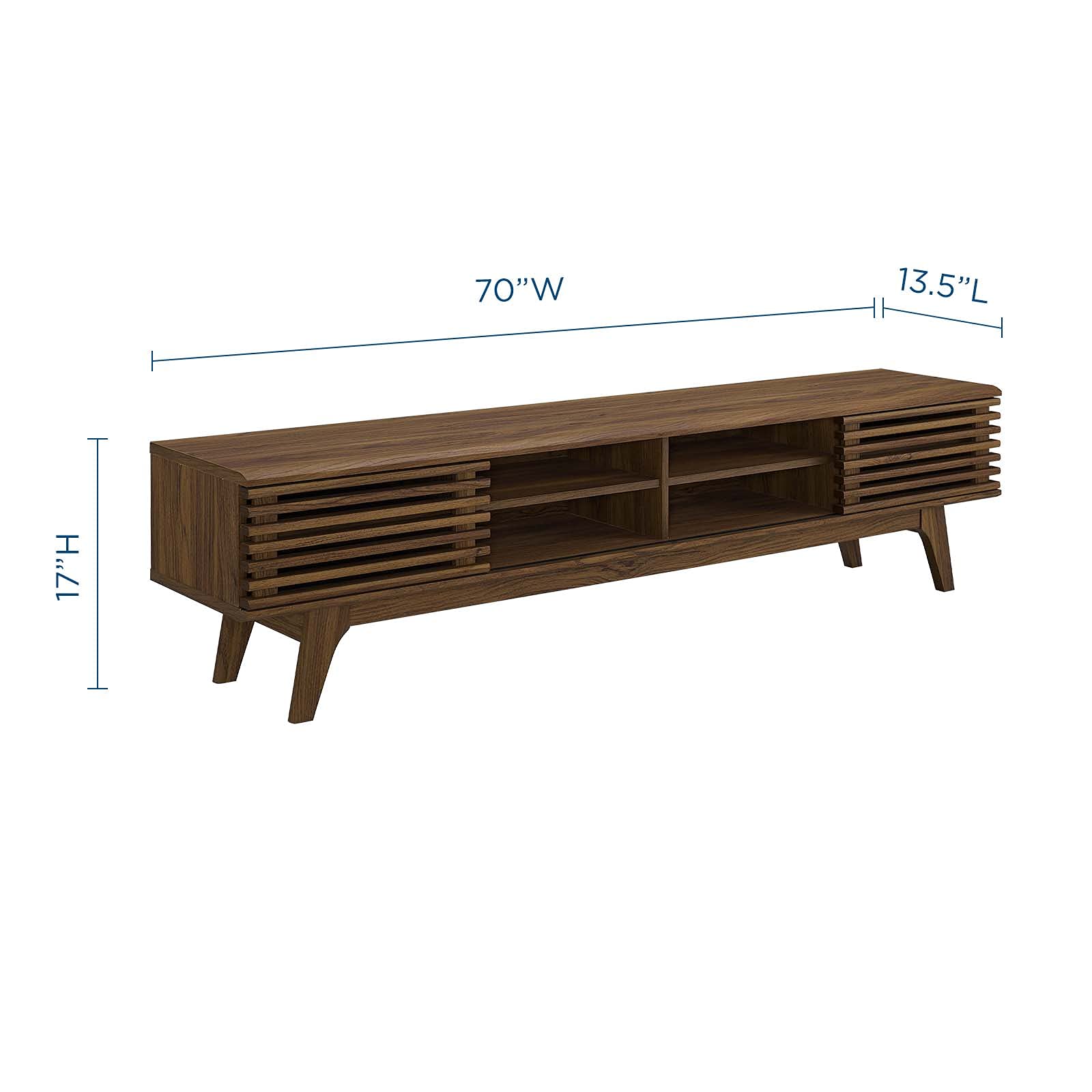 70" Render TV Stand – Walnut Finish Mid-Century Modern Low Profile Console for Living Room Media Setup