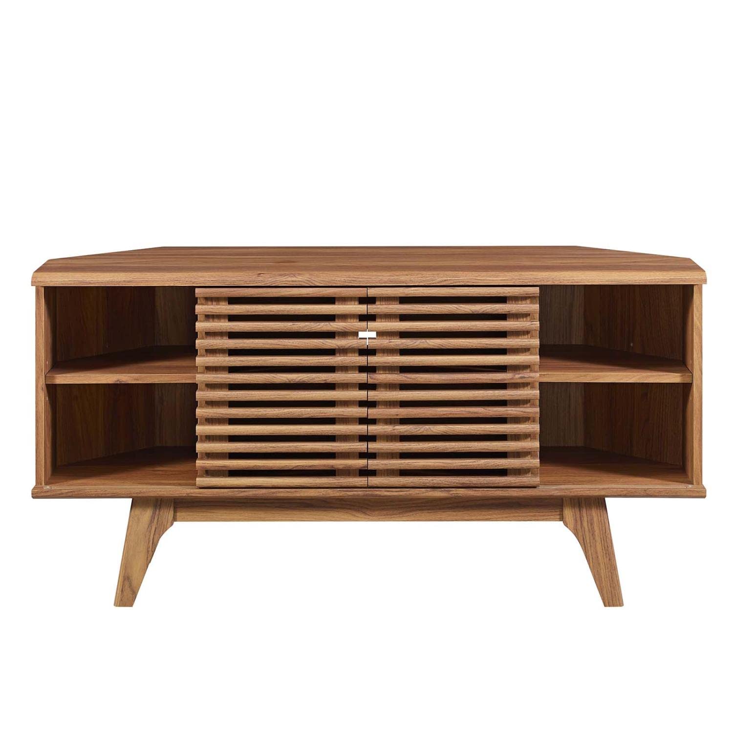 Mid-Century Low Profile TV Stand – 46" Wide Corner Entertainment Console in Walnut Finish for Small Spaces
