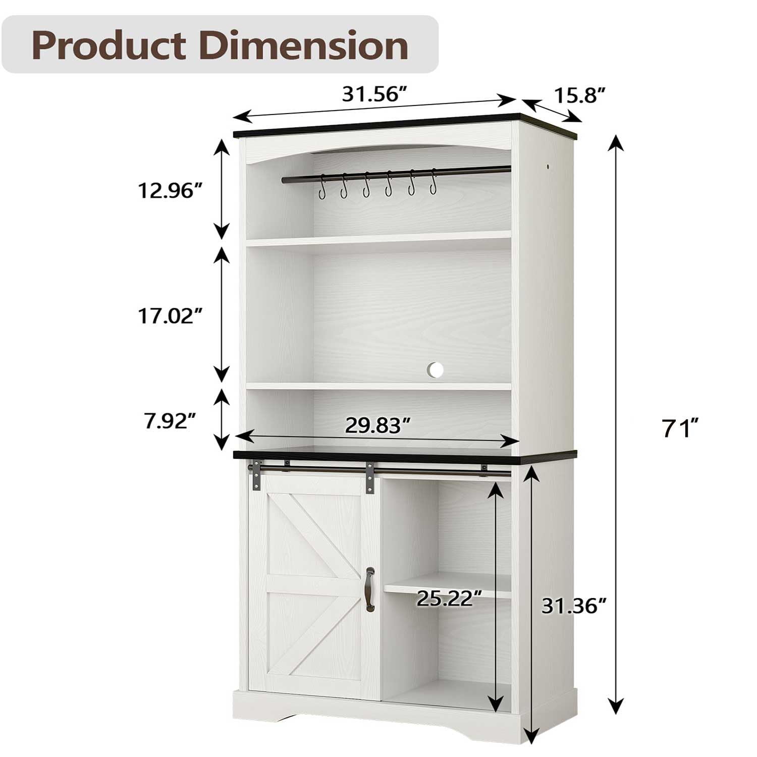 Farmhouse Coffee Bar Cabinet with Hutch, 70" White Buffet Cabinet with 3 Tier Shelves & Sliding Barn Door for Dining Room