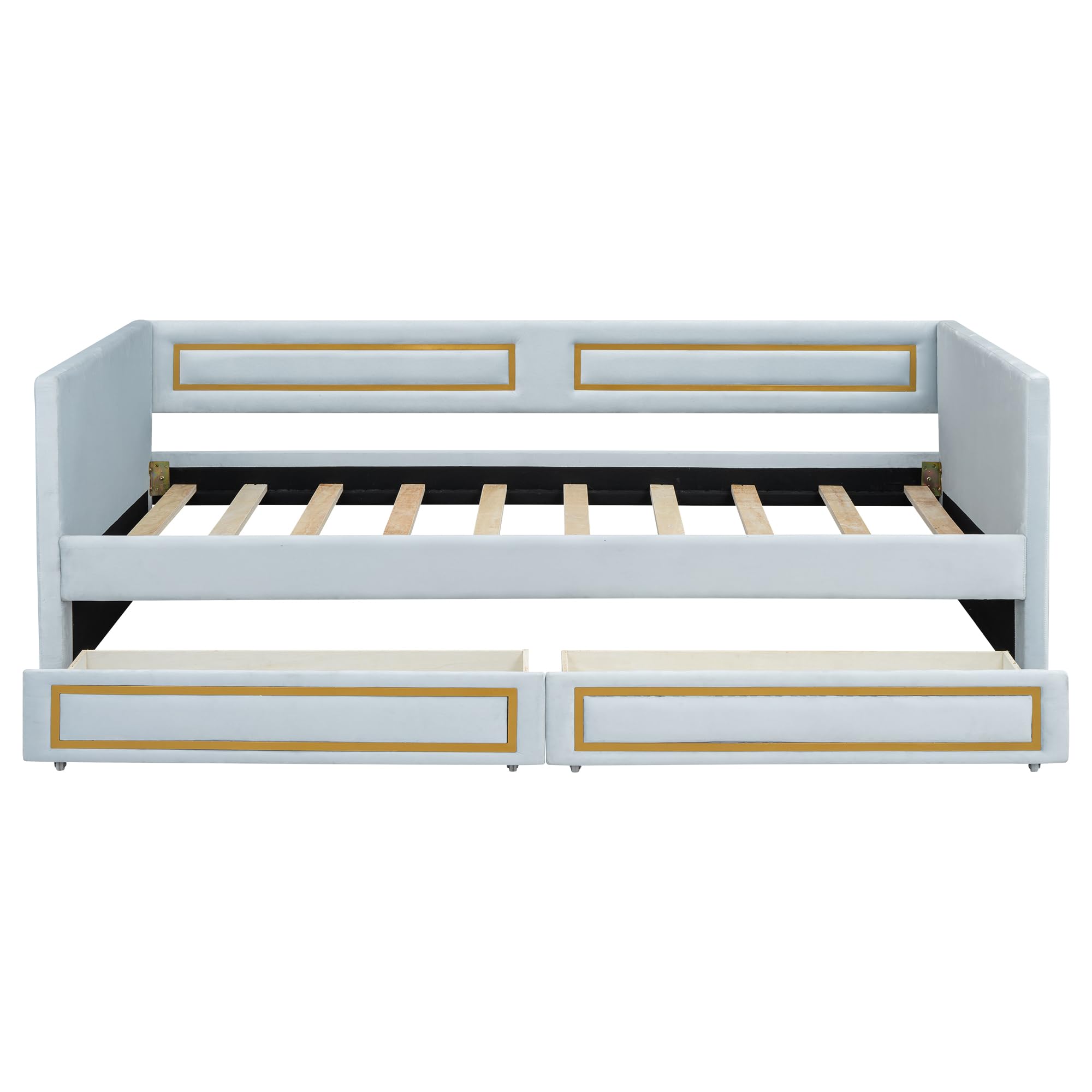 Upholstered Twin Daybed – Blue Trundle Bed with Metal Border, Storage Drawers, Wood Slats, No Box Spring Needed