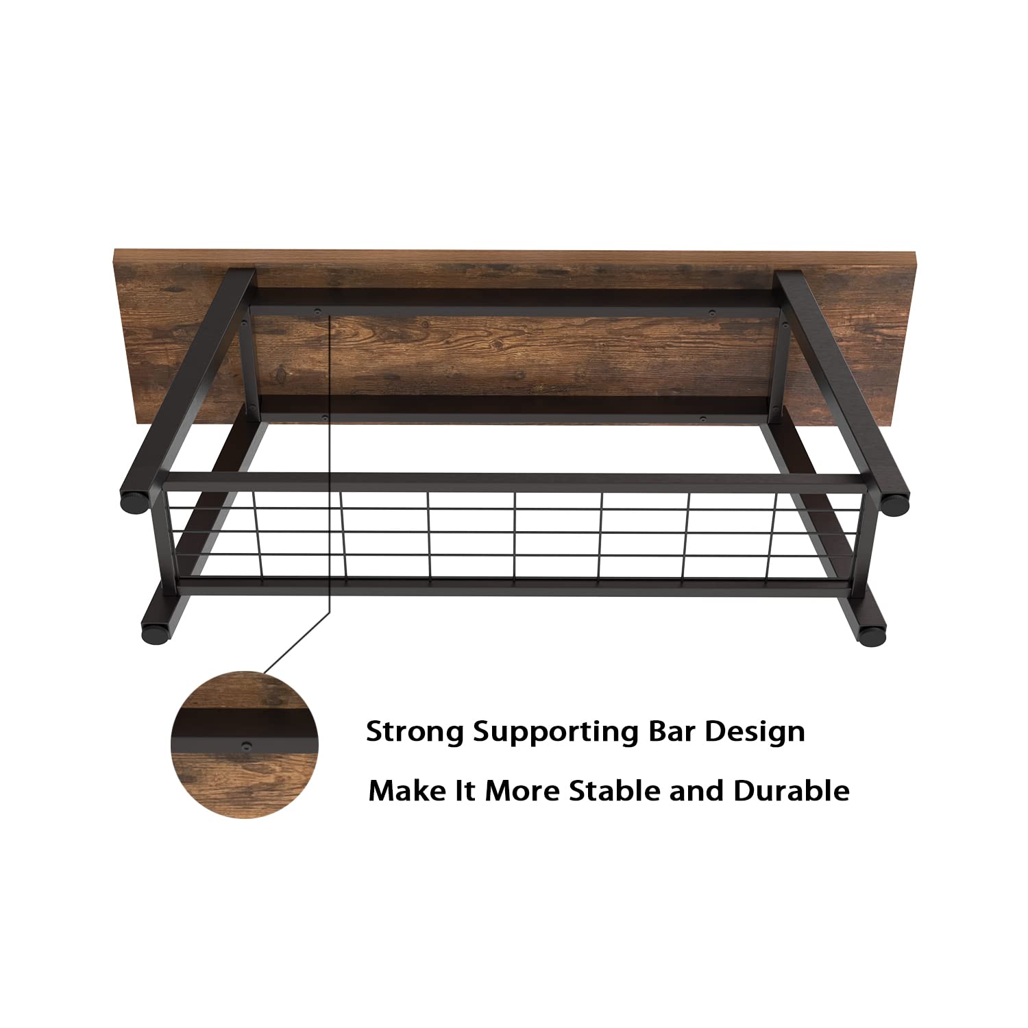 Industrial Rustic Storage Bench, Entryway Long Bench with Metal Frame and Shoe Rack, Retro Brown