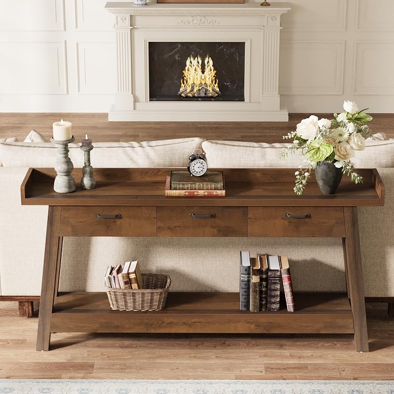 70.9" Farmhouse Console Table with 3 Drawers, 2-Tier Entryway Sofa Table with Raised Baffle & Storage, Rustic Brown
