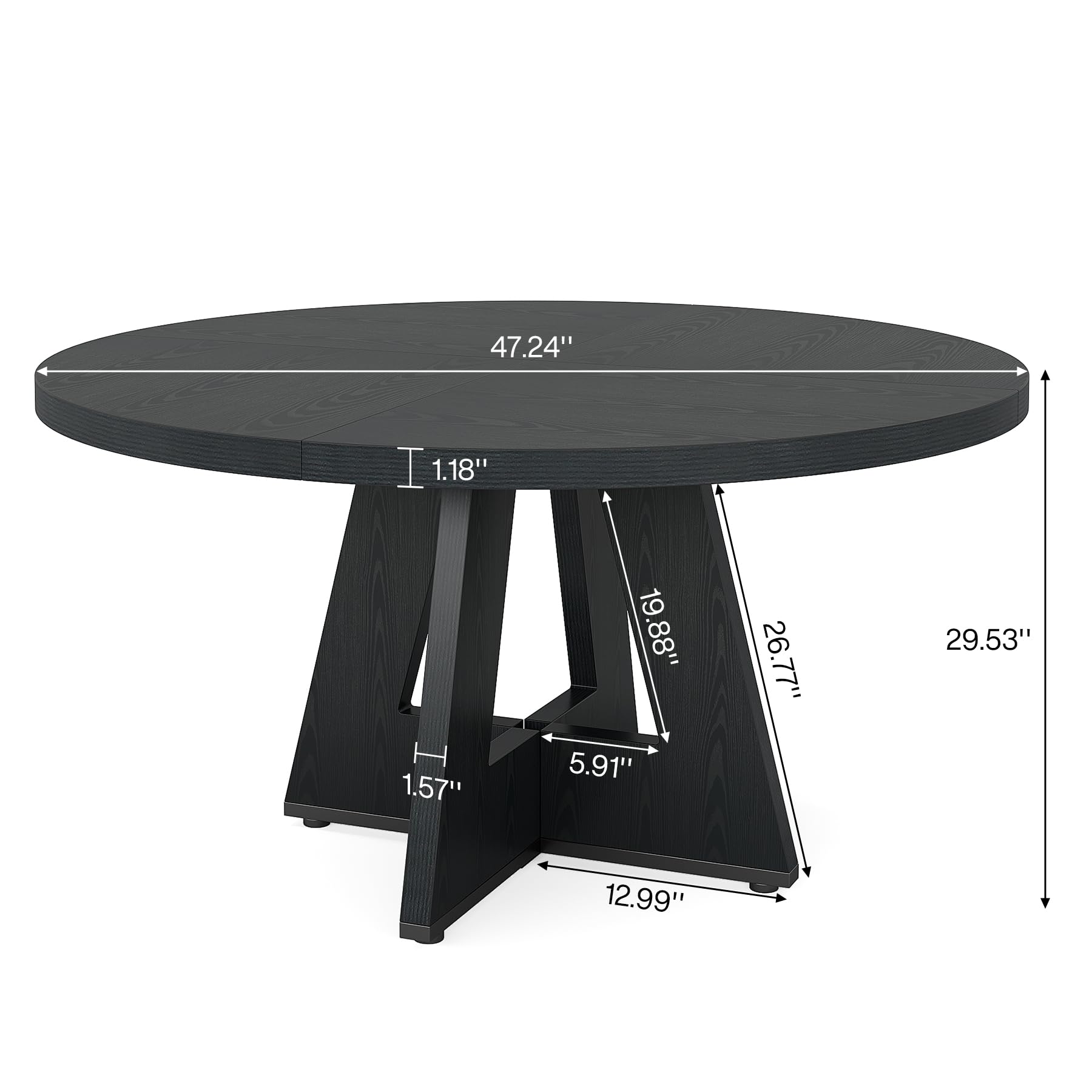 47" Round Wood Dining Table, Farmhouse Pedestal Table for 4, Black Base Kitchen Table for Dining Room