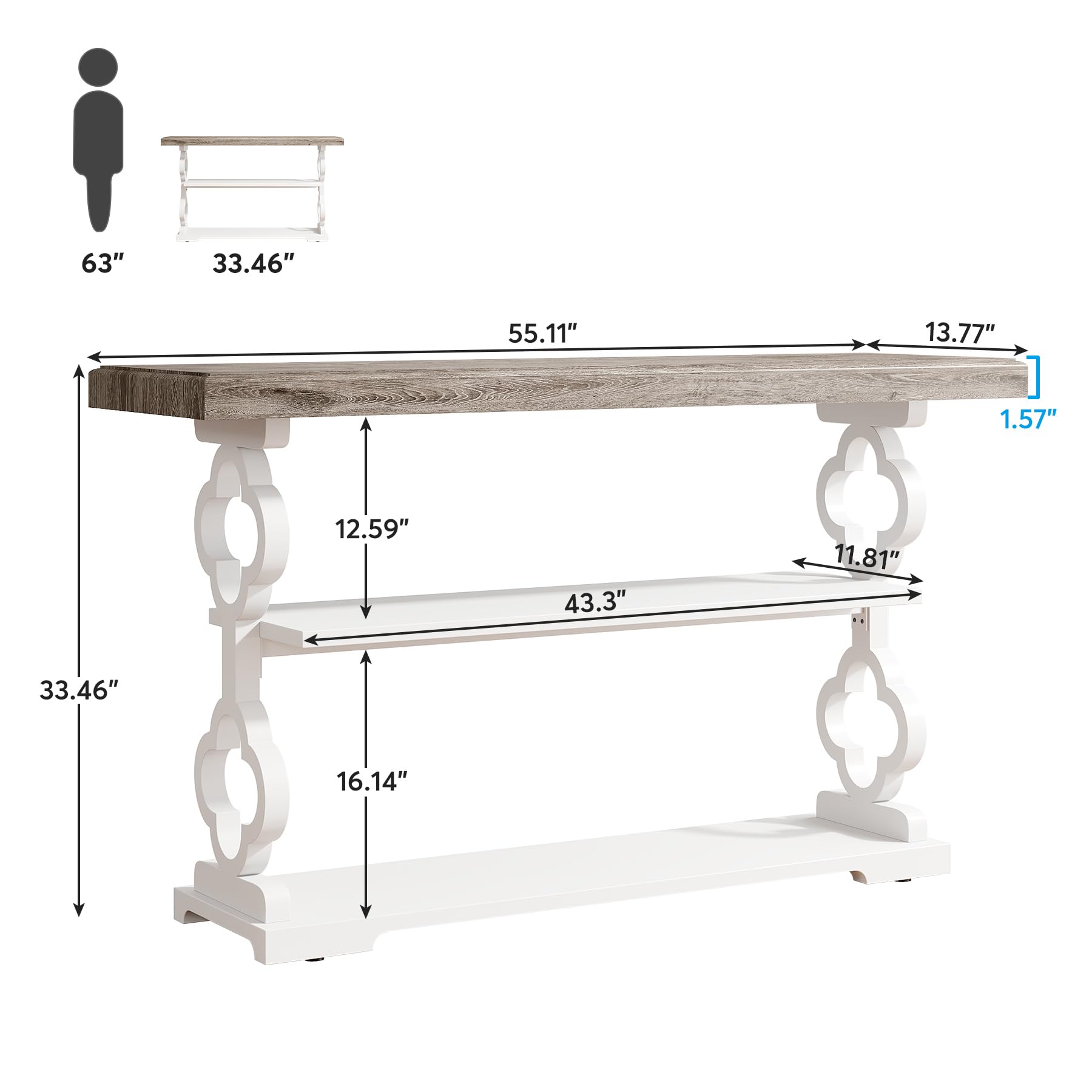 55" Farmhouse Console Table – Grey & White Wood Sofa Table with Storage Shelves for Entryway, Foyer or Living Room