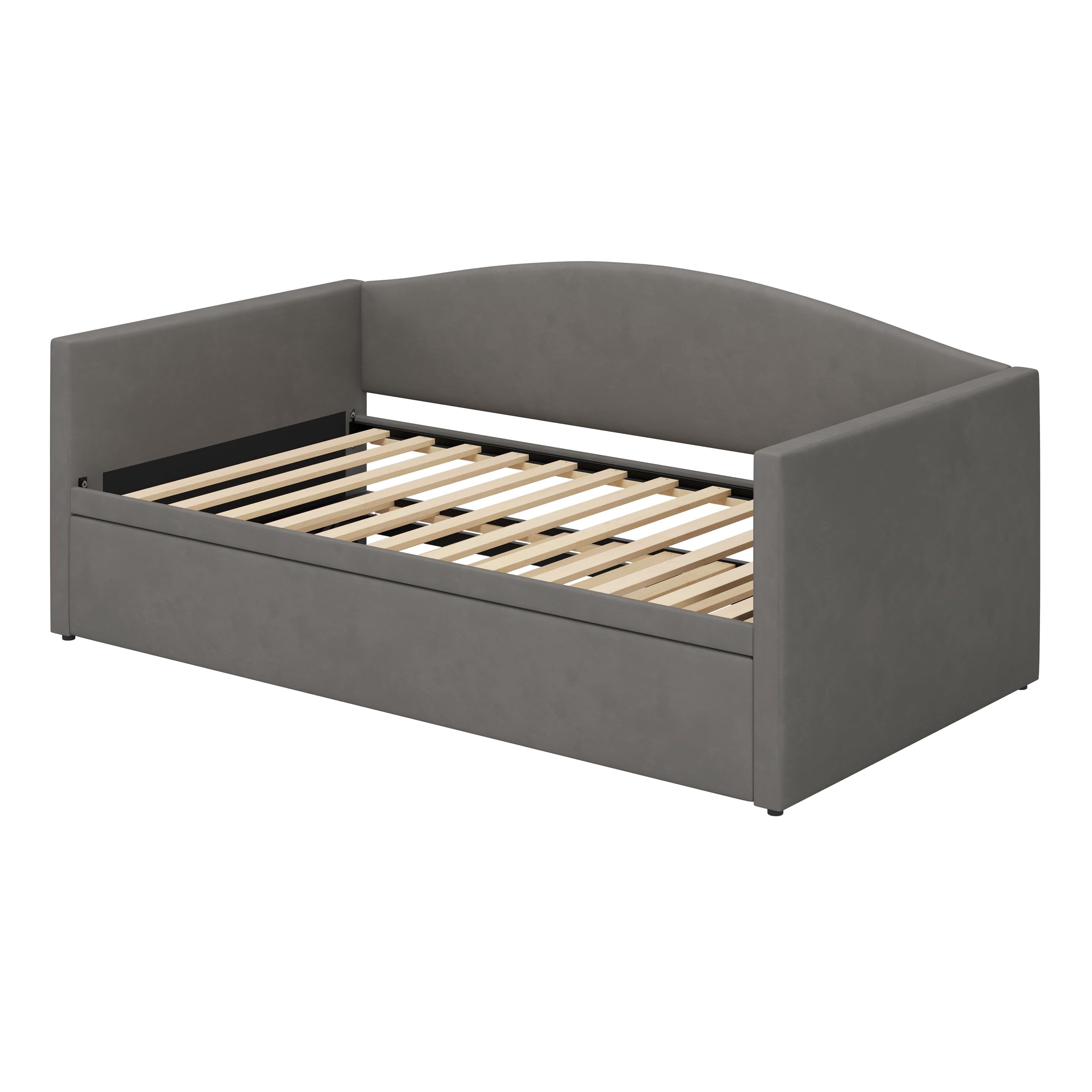 Velvet Twin Daybed – Grey Upholstered Frame with Pop-Up Trundle, Space-Saving Design for Guest Room