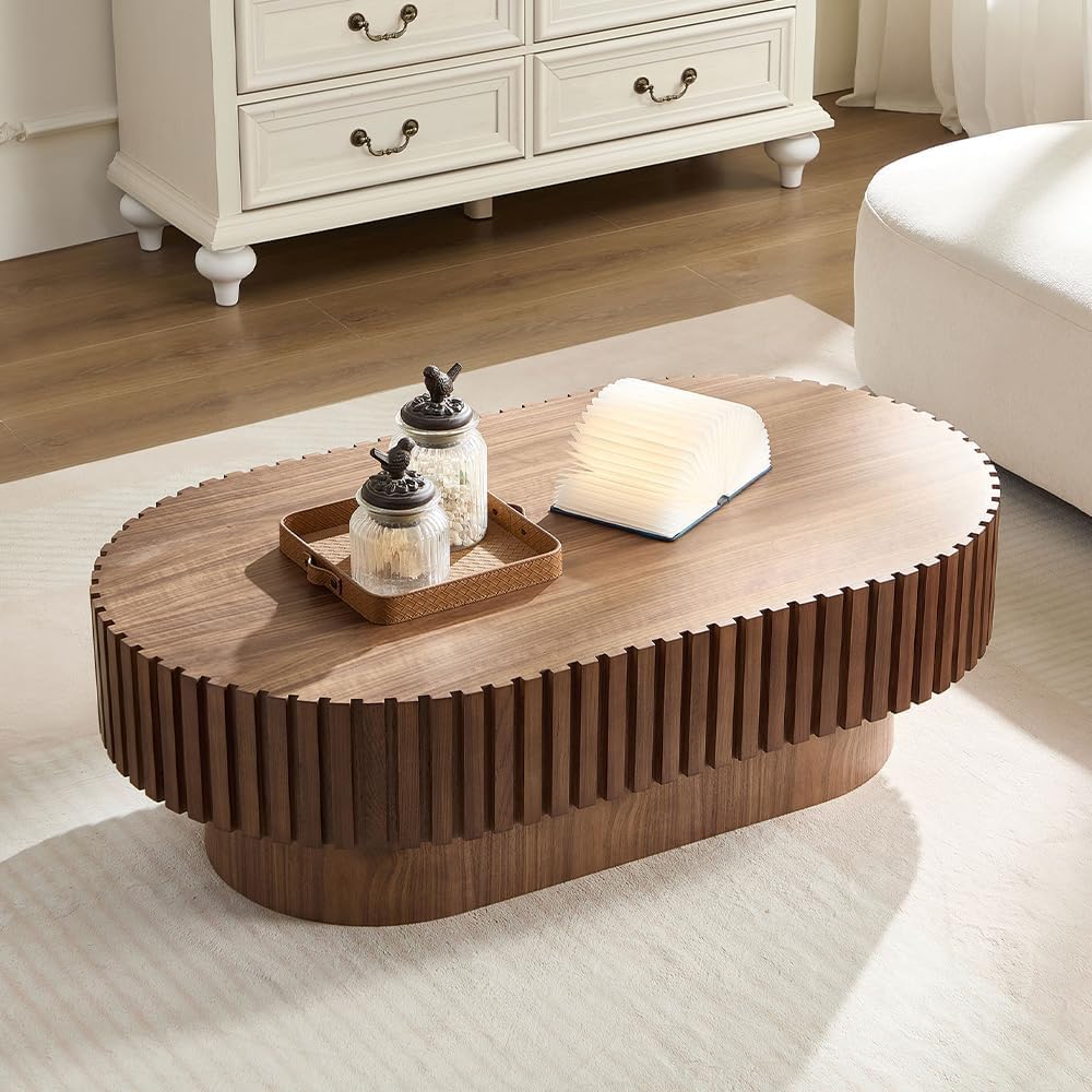 FURNIXI Oval Coffee Table for Living Room, 43.7" Fluted Pedestal Centre Table, Handcrafted Modern Tea Table in Walnut Finish