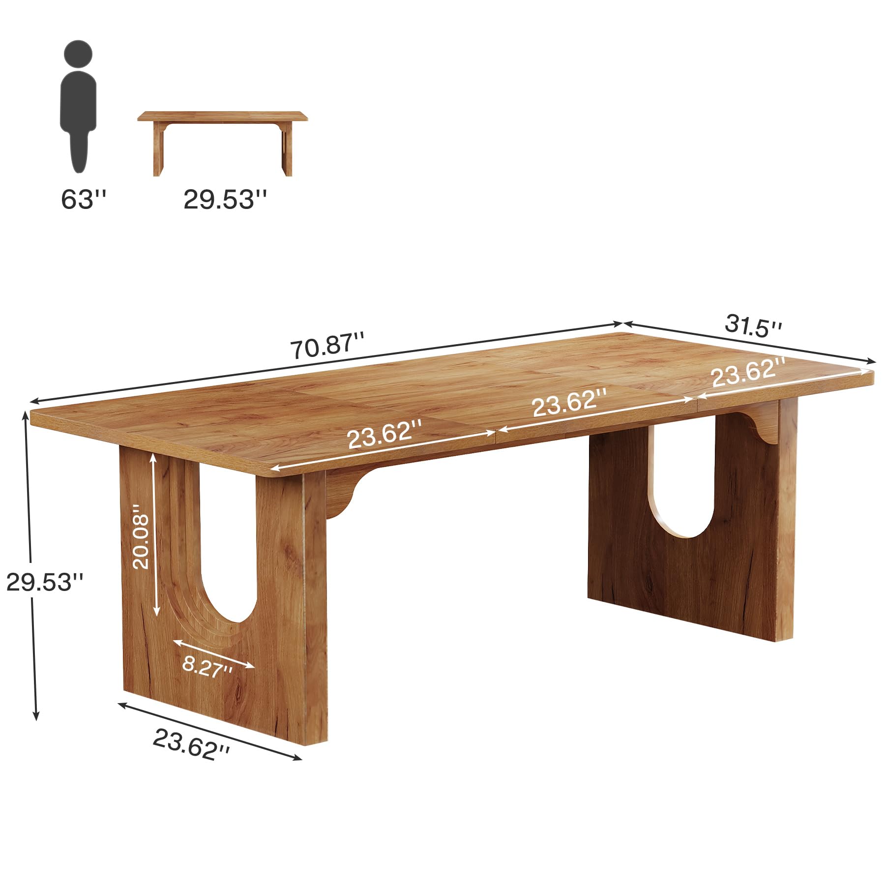 71" Large Dining Table for 6-8, Rustic Brown Rectangular Table with Wood Pedestal for Kitchen or Living Room
