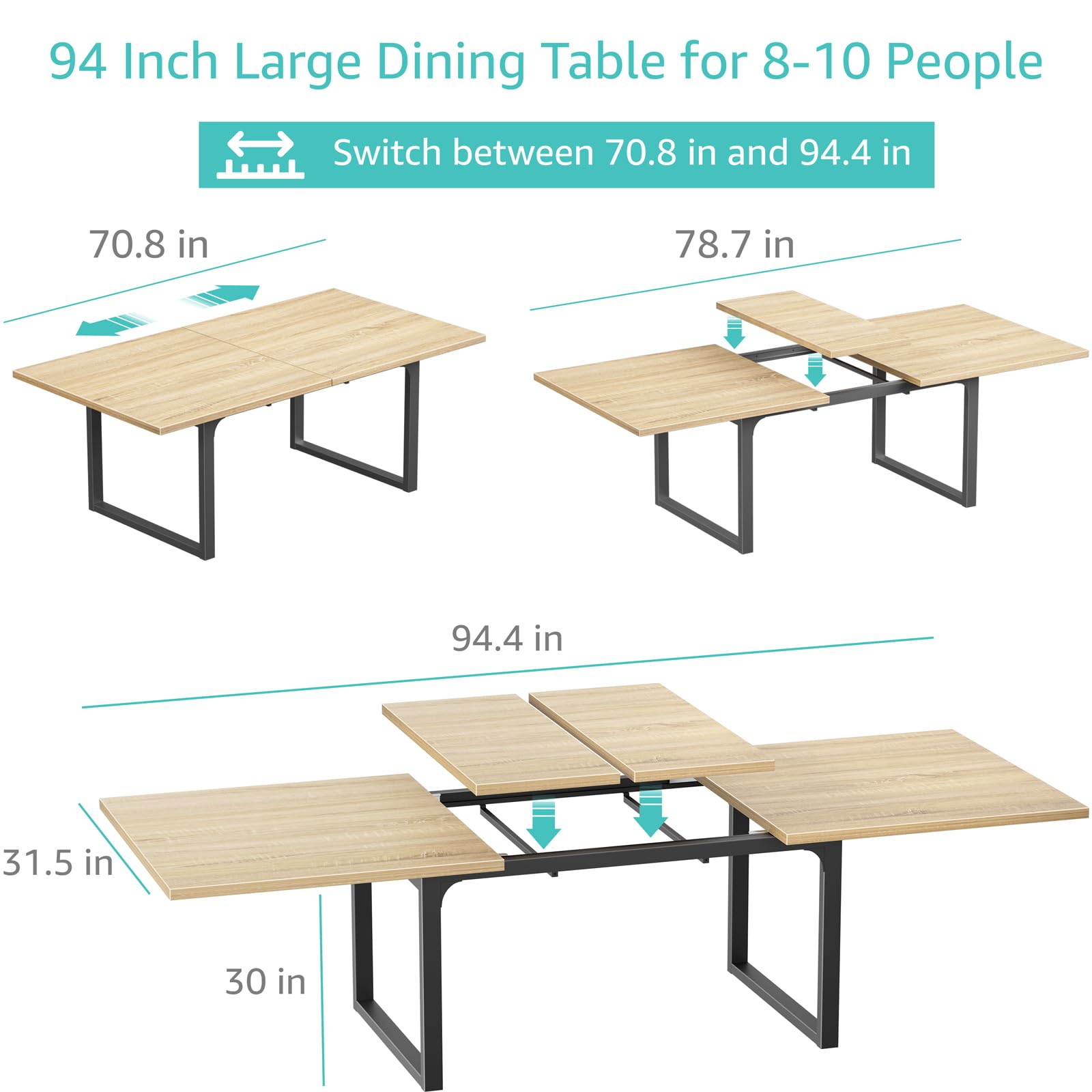 94" Expandable Dining Table for 8-10, Long Modern Farmhouse Table for Kitchen or Dining Room, Rectangular