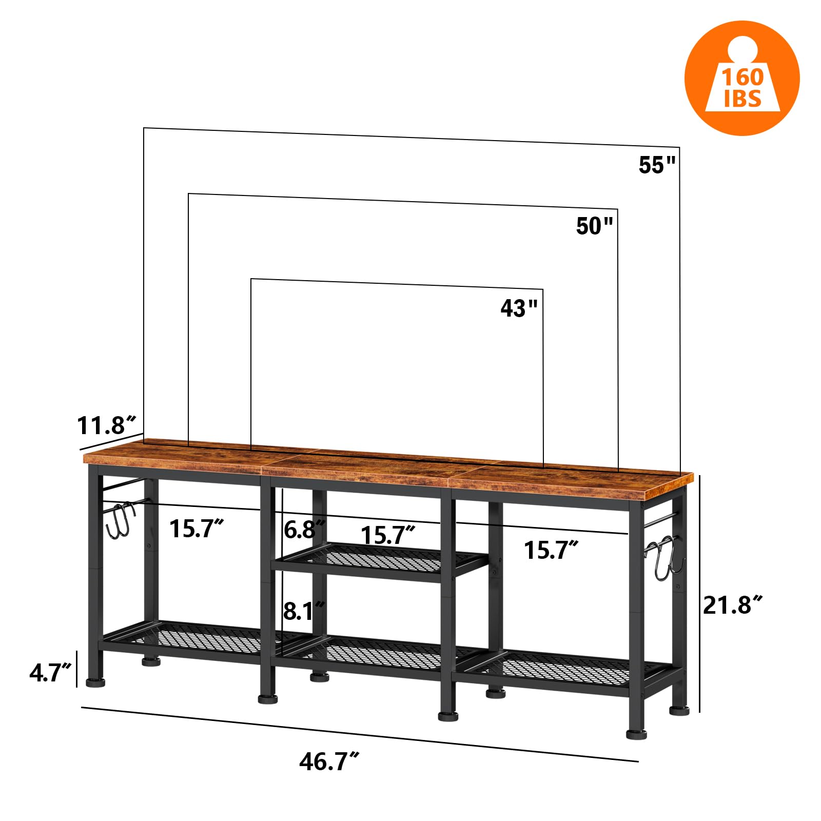TV Stand for TVs up to 55" – Rustic Brown Media Console with Open Storage Shelves & Soundbar Shelf for Living Room or Bedroom