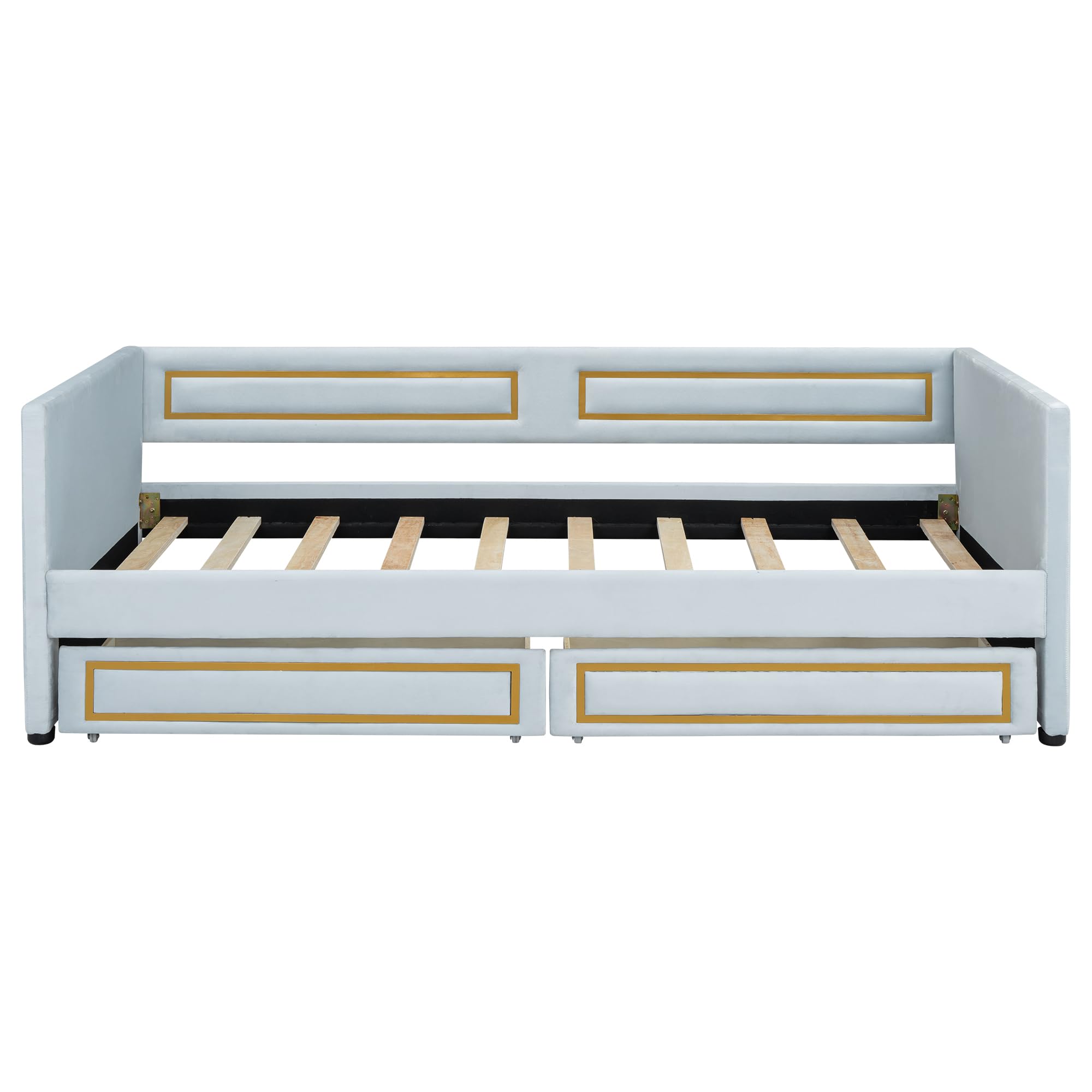 Upholstered Twin Daybed – Blue Trundle Bed with Metal Border, Storage Drawers, Wood Slats, No Box Spring Needed