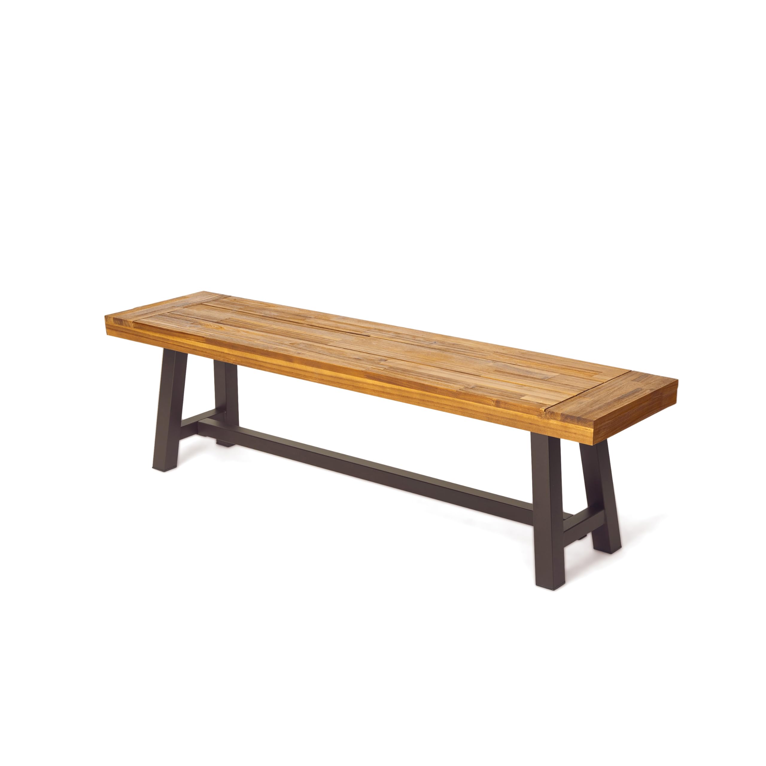 Carlisle Acacia Wood Outdoor Bench, Rustic Metal Frame, Sandblast Finish Patio Bench 63"x17.5"