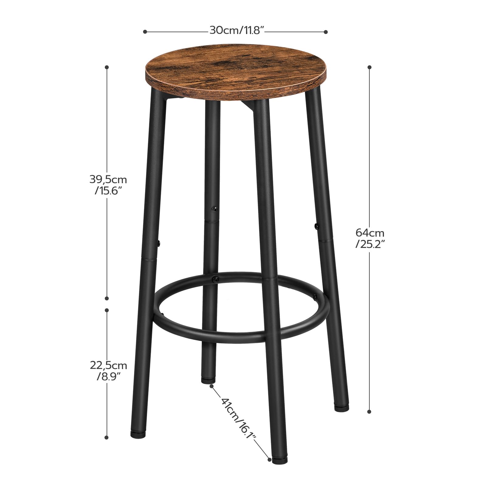 Bar Stools Set of 2, Round Counter Height Kitchen Stools with Footrest, Sturdy Steel Frame for Dining Room, Party, Rustic Brown