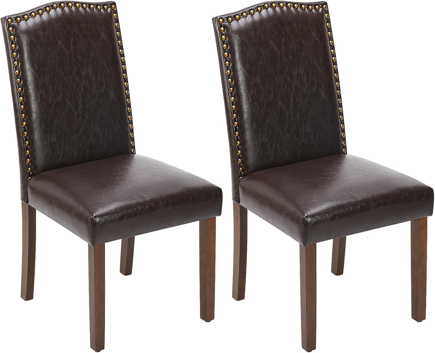 Set of 2 PU Leather Dining Chairs, Nailhead Trim, Mid-Century High-End Side Chairs with Wood Legs