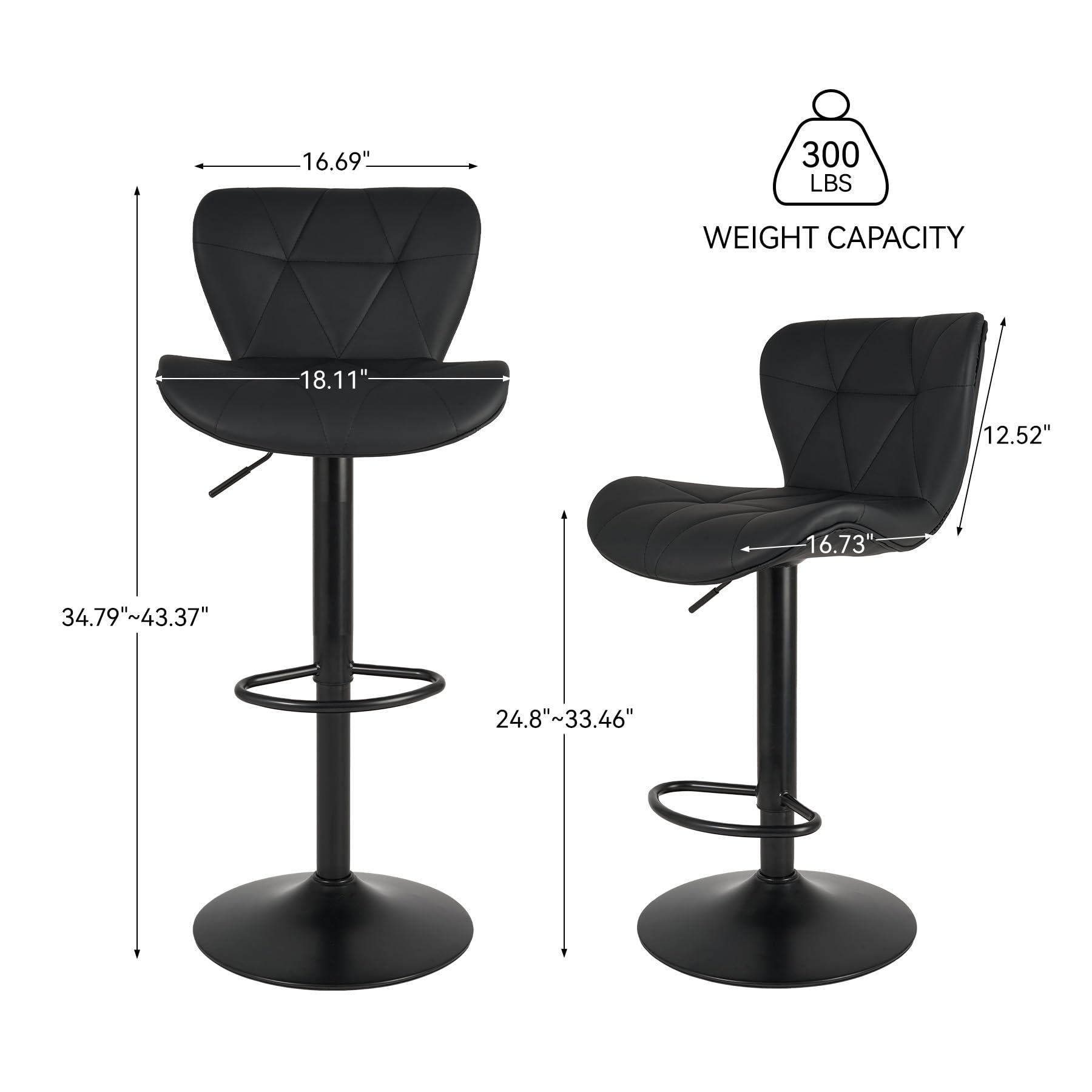Bar Stools Set of 2, Adjustable Faux Leather Upholstered Swivel Chairs with Back, Counter Height Barstools for Kitchen, Black