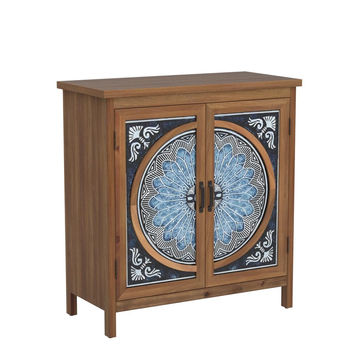 2-Door Distressed Accent Cabinet with Blue & White Porcelain Pattern, Rustic Entryway Storage for Living Room
