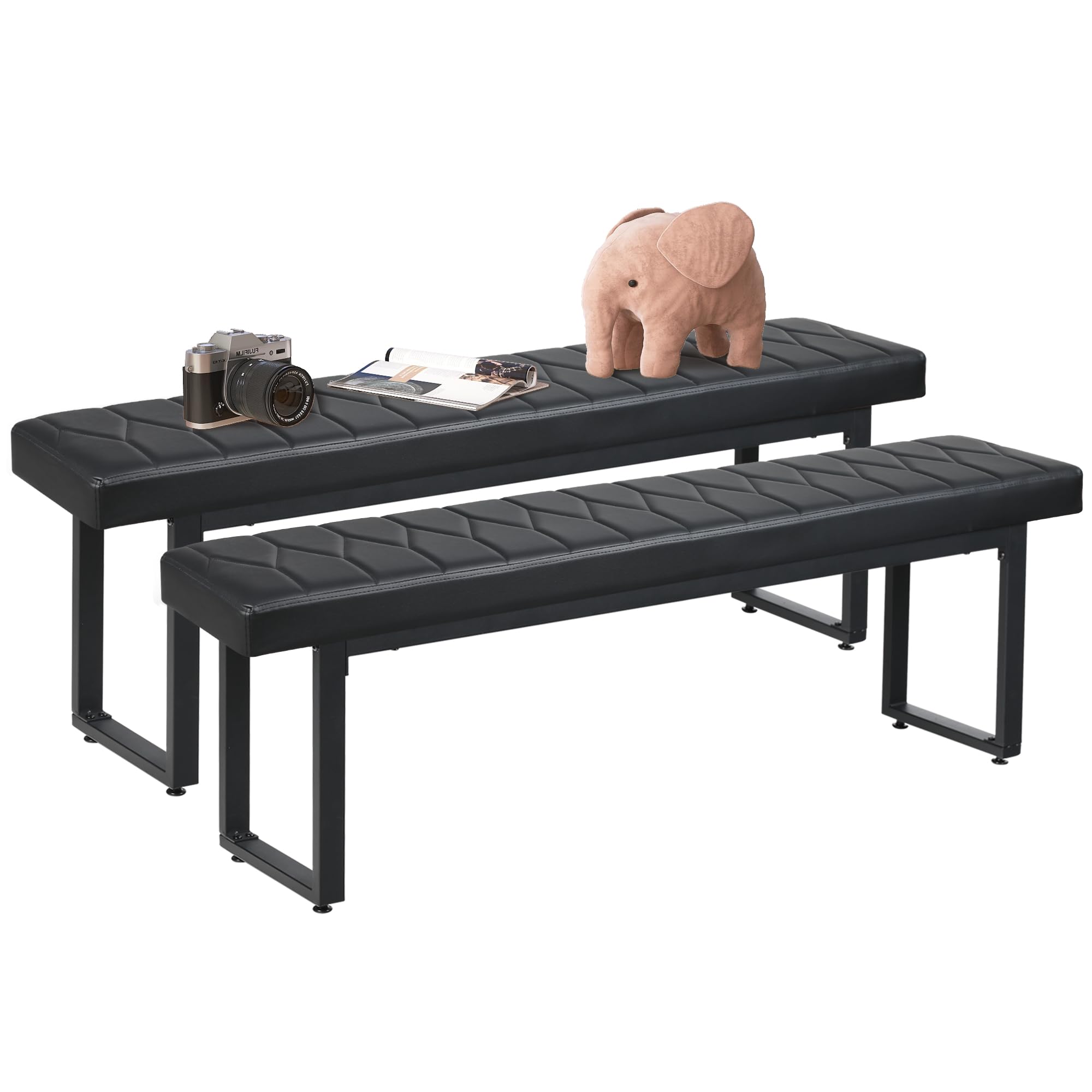 58" Faux Leather Dining Bench Set of 2, Indoor Cushioned Benches for Entryway, Bedside, Dining Room