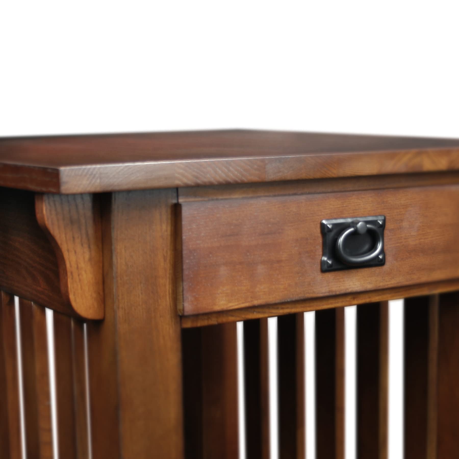 FURNIXI Mission Solid Wood End Table with Drawer & Shelf, Medium Oak Living Room Table with Slatted Sides