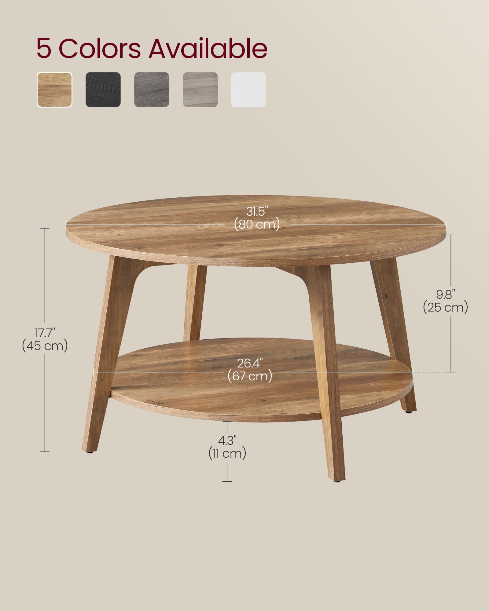 Round Coffee Table, 31.5" 2-Tier Living Room Table with Storage Shelf, Honey Brown Finish, ULCT243K41